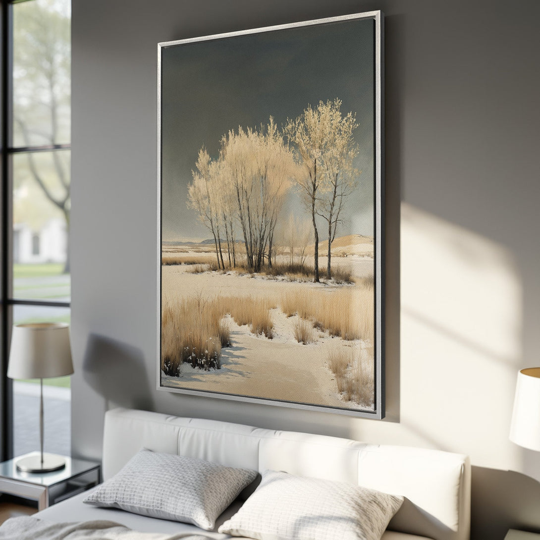 Framed Wall Art featuring a serene winter landscape with neutral tones. Enhance your space with this elegant Canvas Print, perfect for adding a touch of nature.