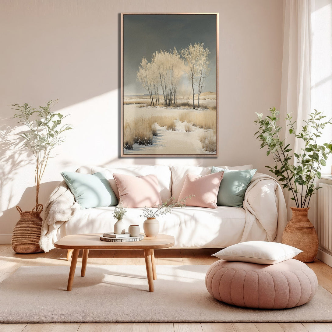 Framed Wall Art: Serene winter landscape canvas print in neutral tones. Perfect for adding a touch of calm to your living room decor.