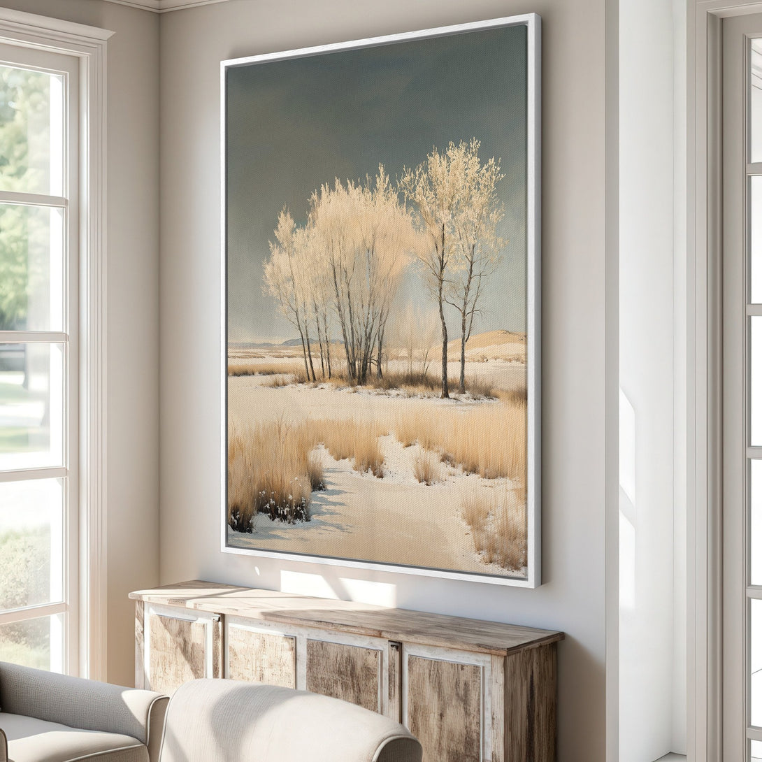Framed Wall Art: Serene winter landscape canvas print in neutral tones. Featuring trees and snow, perfect for adding a touch of nature to your home decor.