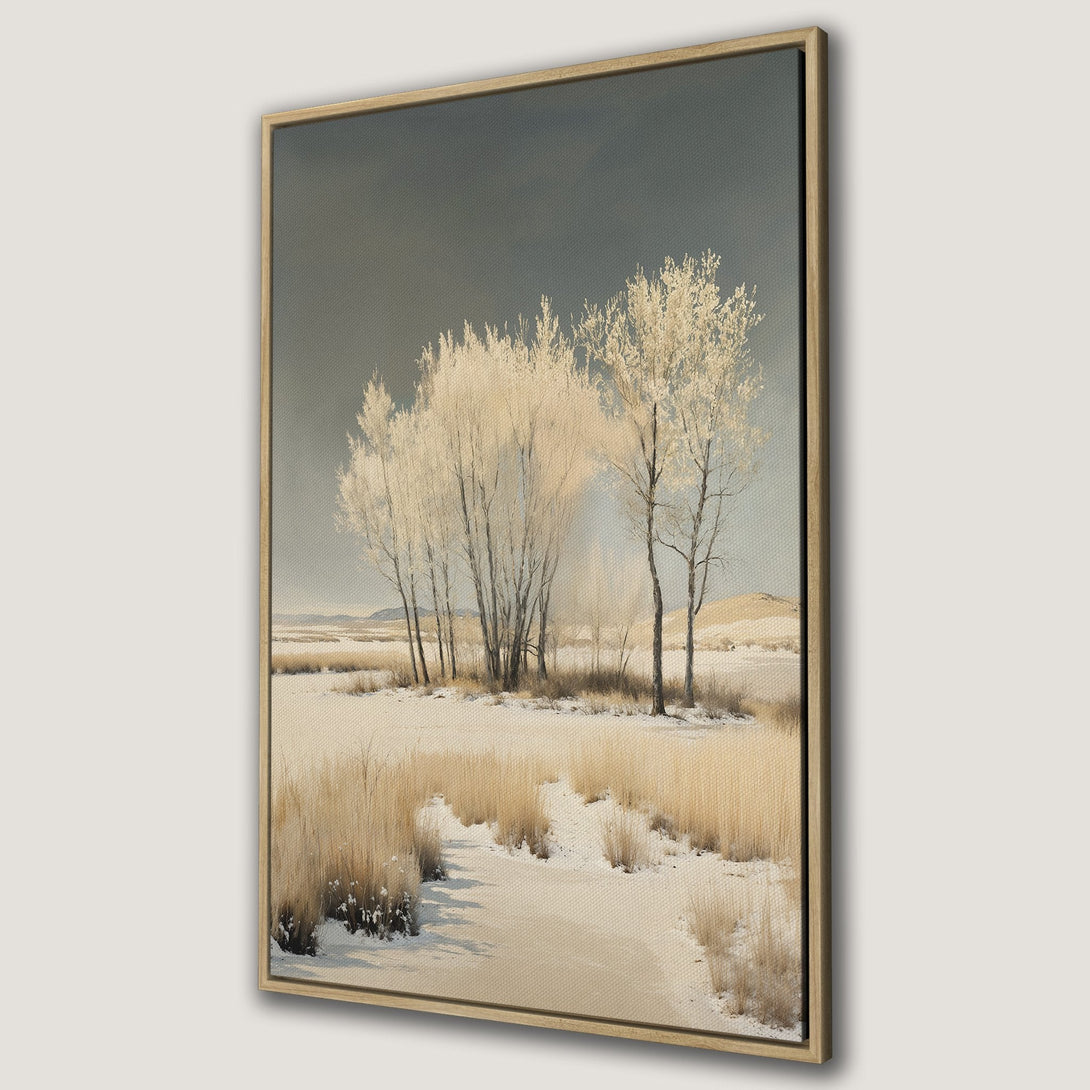 Framed Wall Art Canvas Print of winter landscape with trees in a muted, neutral color palette. Perfect for adding serene, natural beauty to your home.