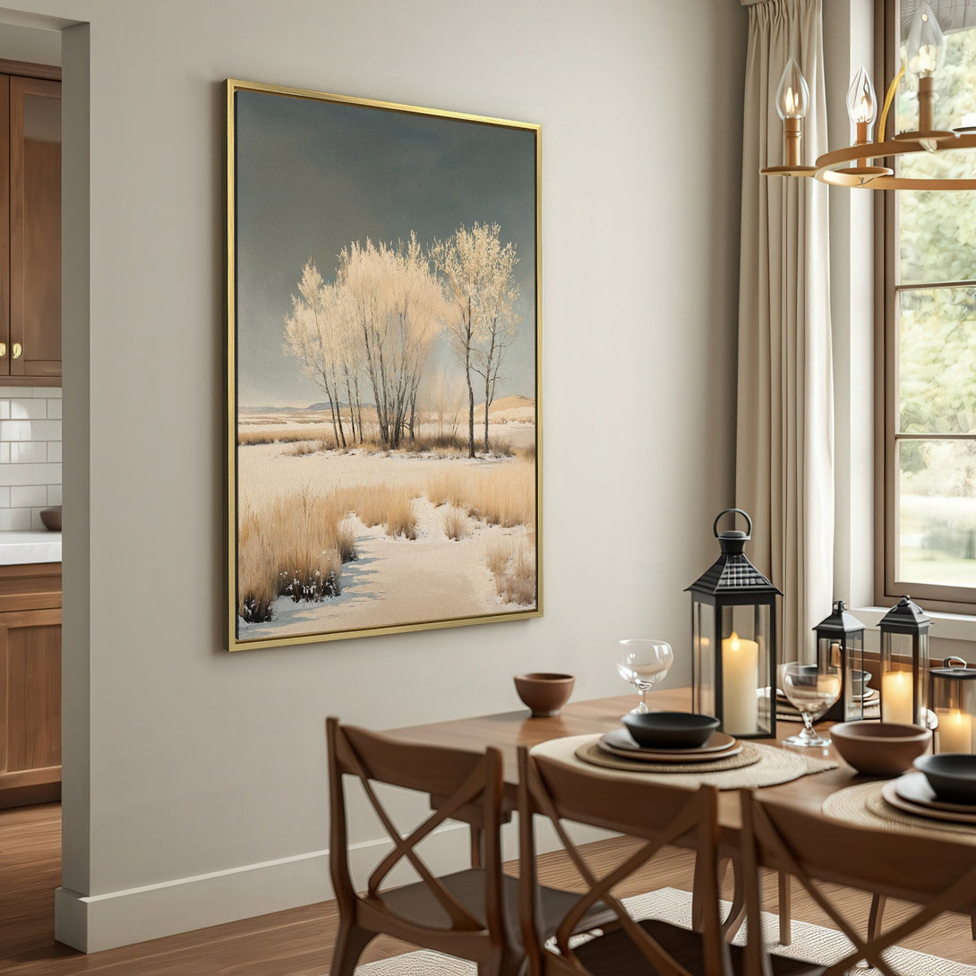 Canvas Print of winter landscape with trees, neutral color palette, perfect for rustic home decor.