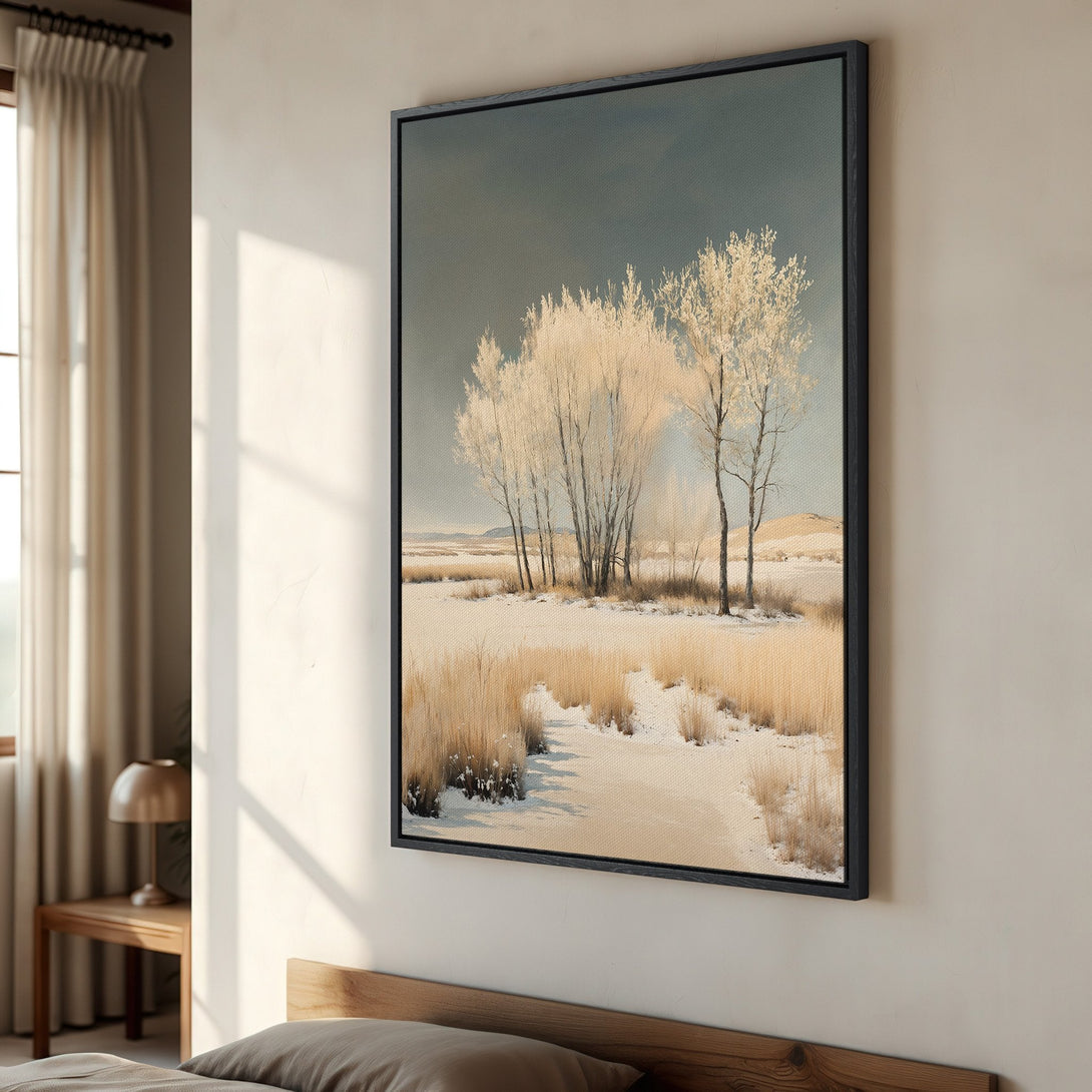 Framed Wall Art: Serene winter landscape canvas print with muted neutral tones. Bring the beauty of nature indoors with this stunning artwork.