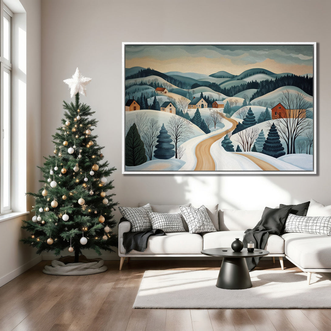 Framed Wall Art of winter landscape in blue and orange tones. Cozy home decor with a snowy scene. Canvas Print for your living room.