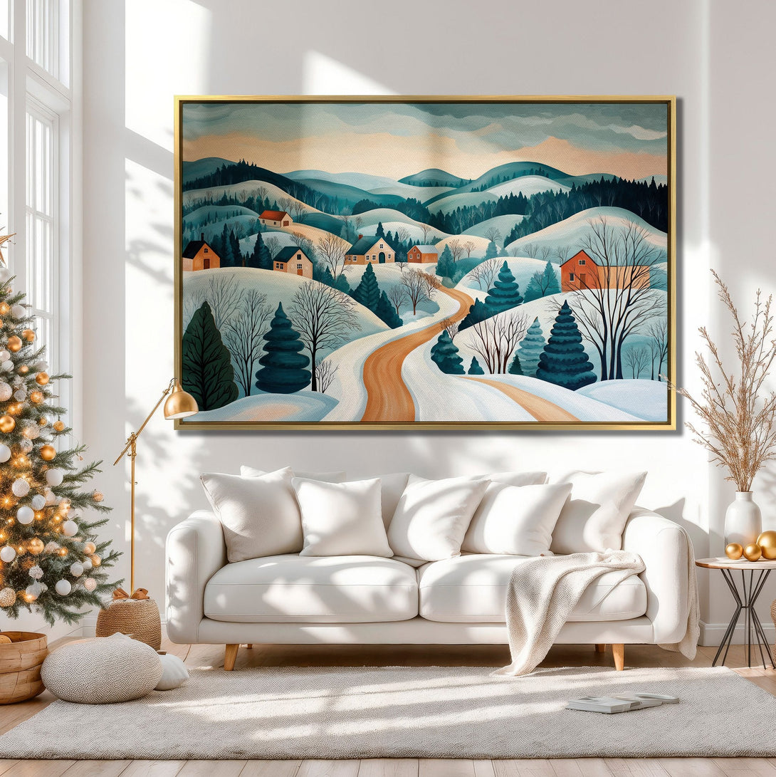Canvas Print of a winter landscape in cool blues and oranges, perfect for adding cozy charm to your home decor.