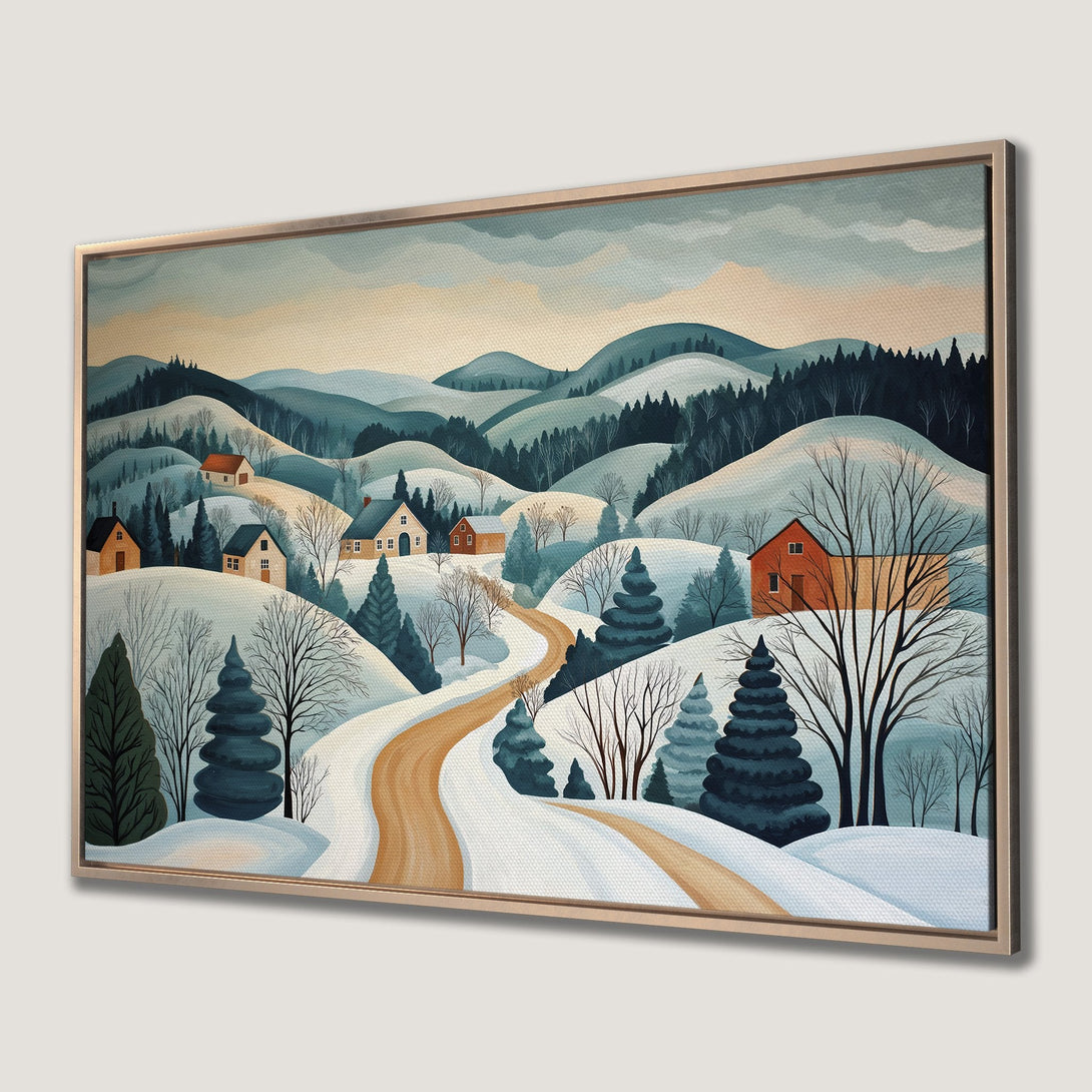 Framed Wall Art featuring a winter landscape with houses and a snowy road. Beautiful blue and warm tones, perfect for cozy decor.
