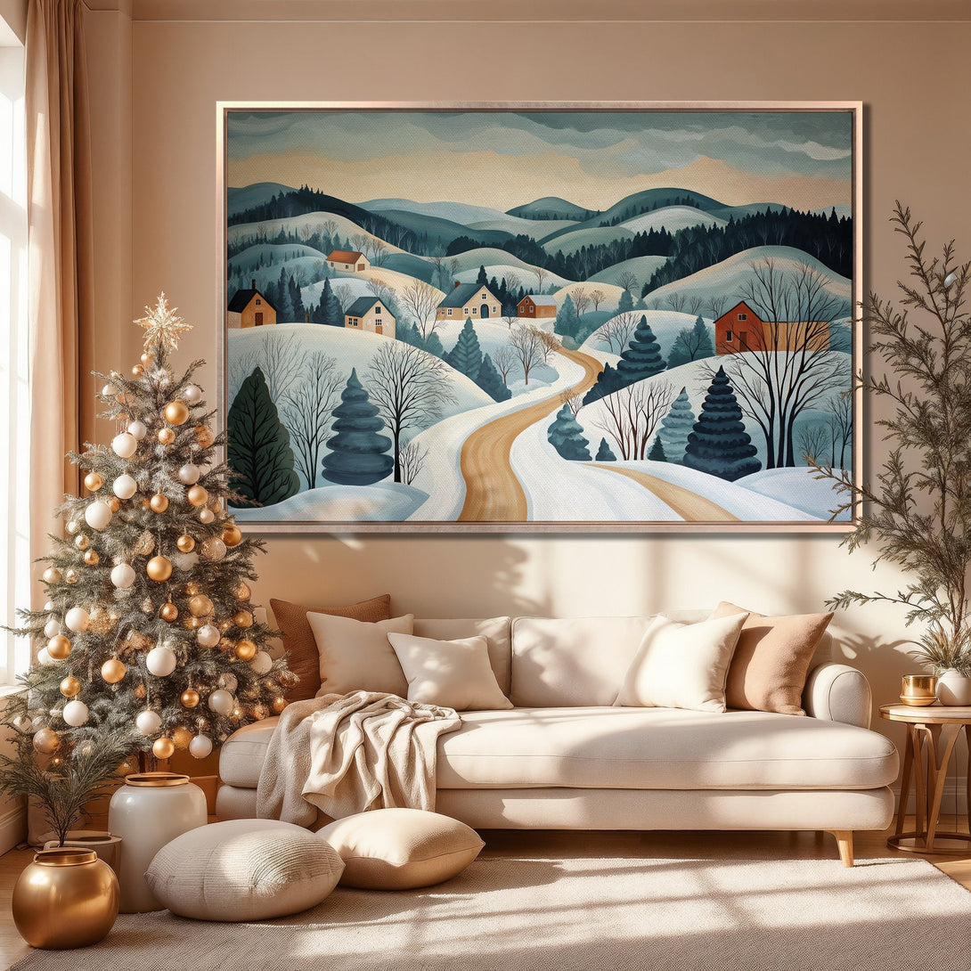 Framed Wall Art: Winter landscape Canvas Print with a cozy, neutral color palette. Perfect for adding warmth and charm to your home decor.