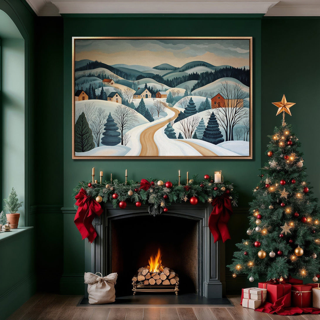 Framed Wall Art of a winter landscape in a cozy interior. Features a snowy scene with a warm, inviting color palette. Perfect holiday decor!