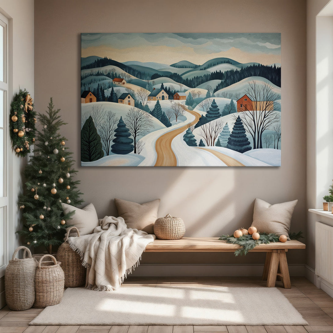 Framed Wall Art: Winter landscape Canvas Print with a cozy, watercolor style. Features snowy hills, houses, and a muted blue & orange color palette.