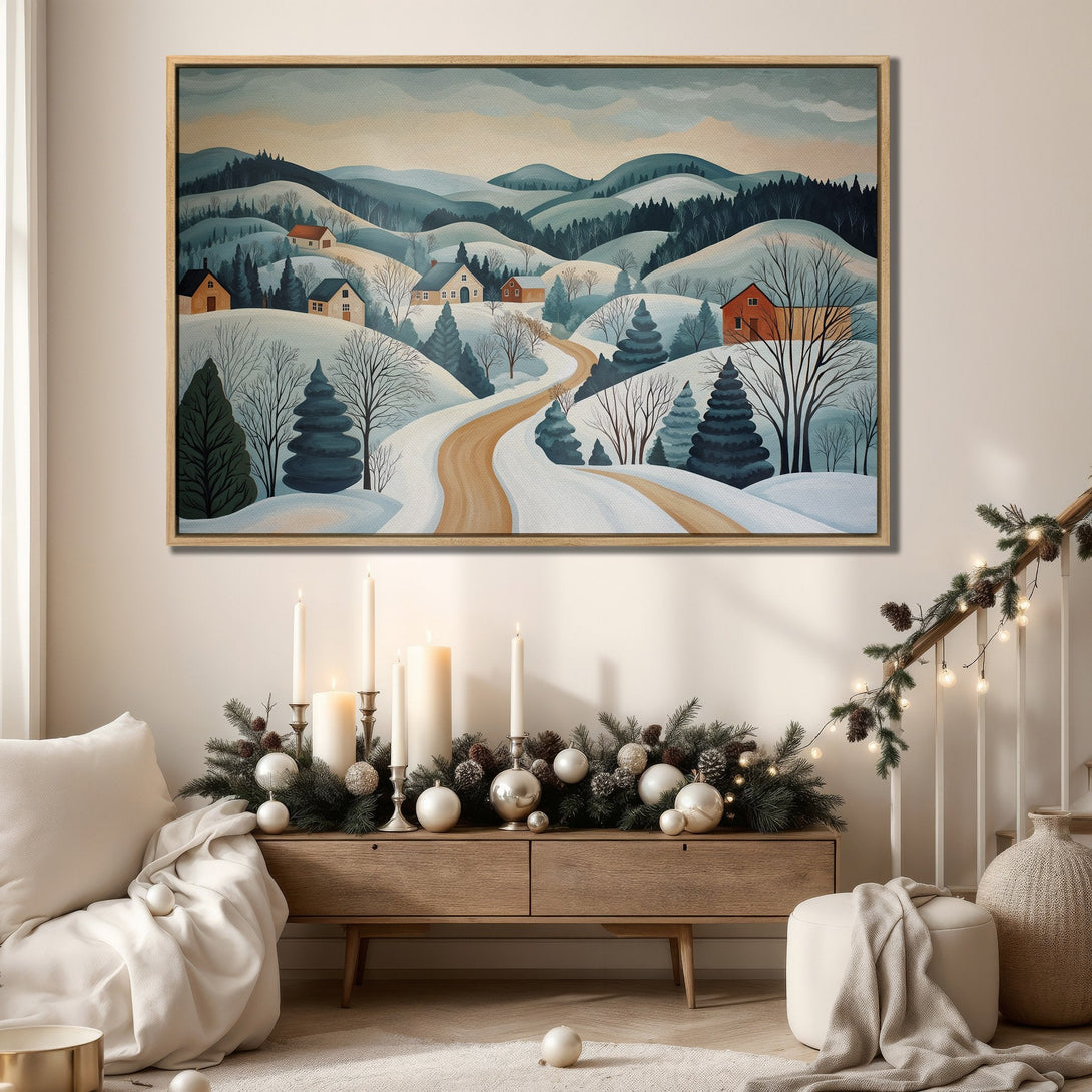 Framed Wall Art: Winter landscape canvas print in a cozy interior. Featuring a serene, stylized scene with snowy hills and a muted blue and beige palette. Perfect for home decor.