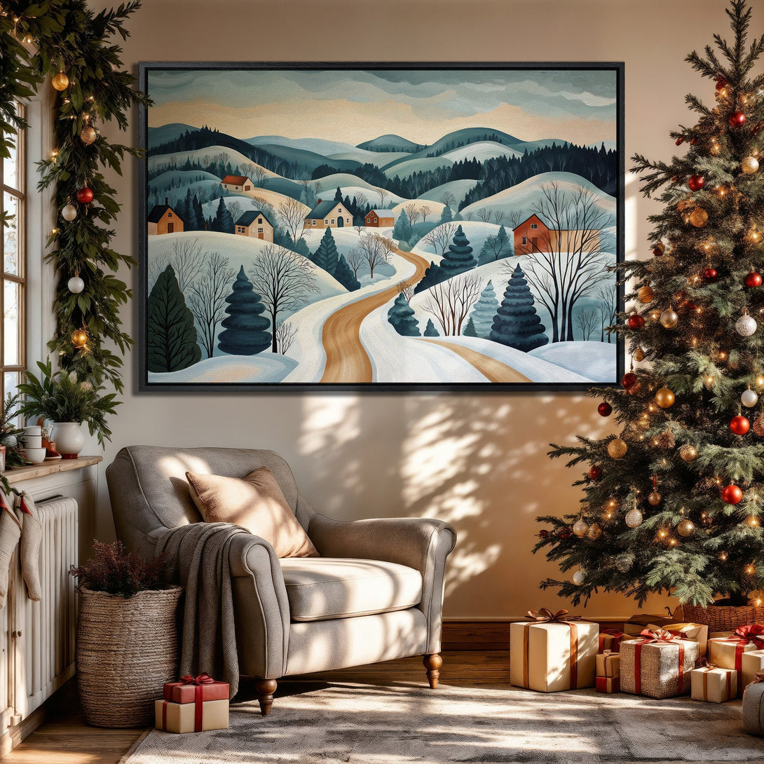 Framed Wall Art: Winter landscape Canvas Print in cool blues and warm browns, perfect for cozy Christmas decor. Modern art for your home.