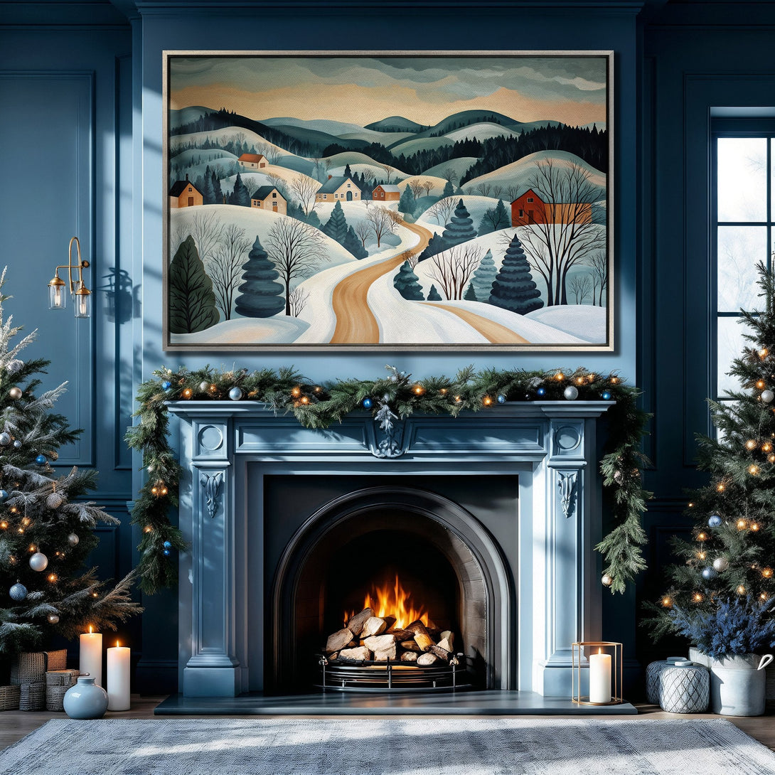Framed Wall Art: Winter landscape canvas print in a cozy blue interior. Features a snowy village scene with a warm color palette. Perfect for holiday decor!