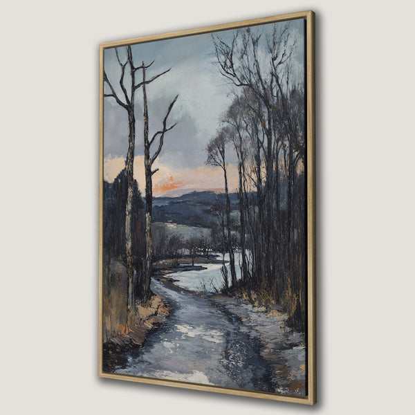 Framed Wall Art: Winter landscape Canvas Print in moody blues and grays. Evokes a serene, natural scene with trees and a river. Perfect for home decor.