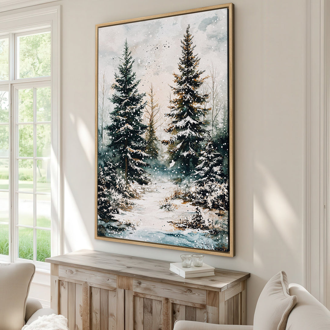 Framed Wall Art: Winter forest scene in watercolor style. Evergreen trees with snow, soft blues, greens, and whites. Perfect for adding a cozy touch to any room.