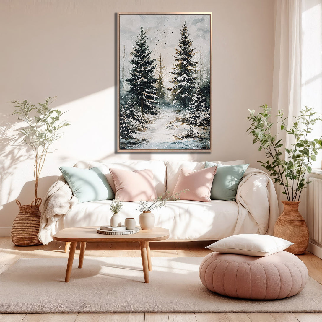 Framed Wall Art: Winter forest scene canvas print in muted blues, greens, and beige. Perfect for adding a touch of nature and cozy style to your home decor.