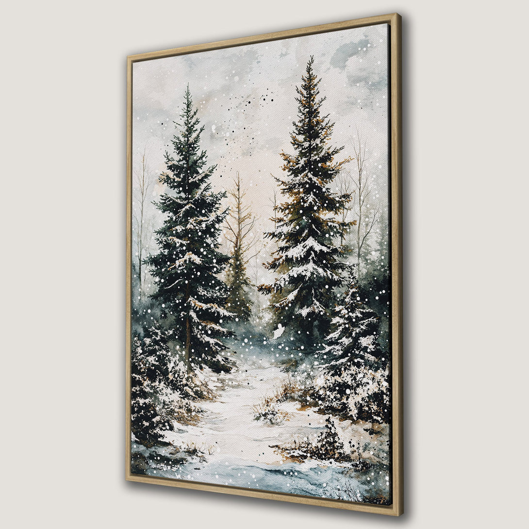 Framed Wall Art featuring a serene winter forest scene. Watercolor style with a muted palette of greens, blues, and whites. Perfect for adding a touch of nature.
