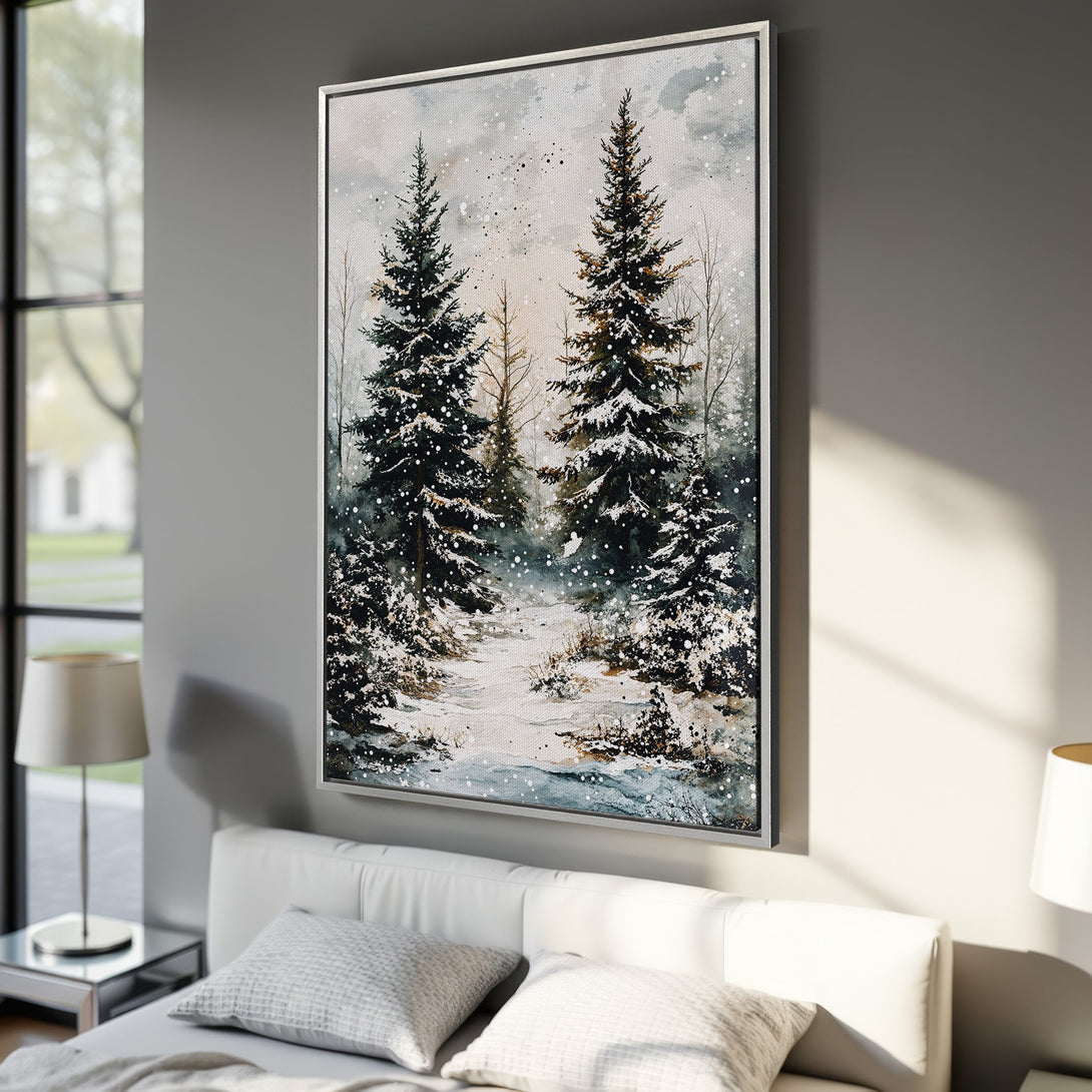 Framed Wall Art: Winter forest scene Canvas Print in cool tones. Watercolor style art with snowy trees, perfect for bedroom decor.