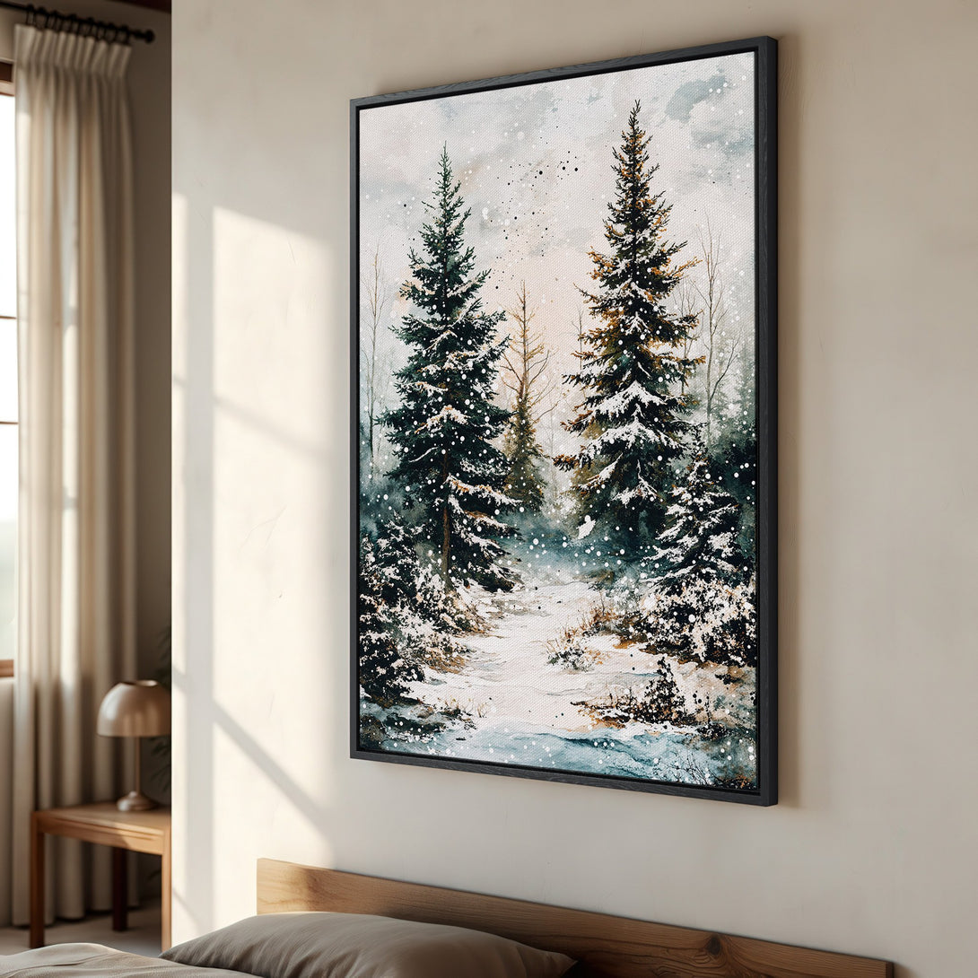 Framed Wall Art: Winter forest scene in watercolor style. Featuring evergreen trees, snow, and a serene, cool color palette. Perfect for home decor.