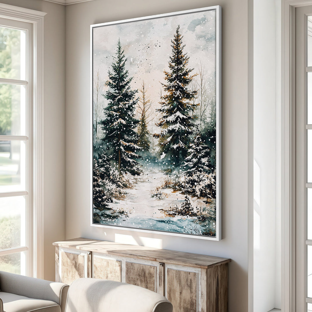 Framed Wall Art featuring a winter forest scene in watercolor style, with green, white, and neutral tones. Perfect for adding a cozy touch to your home!