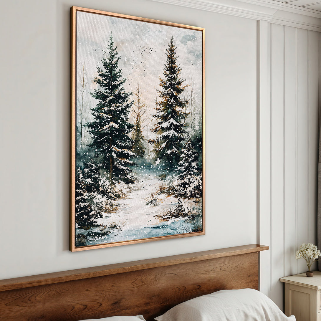 Framed Wall Art: Winter forest scene Canvas Print in watercolor style. Featuring snow-covered trees with a cool, muted color palette. Perfect for cozy decor.
