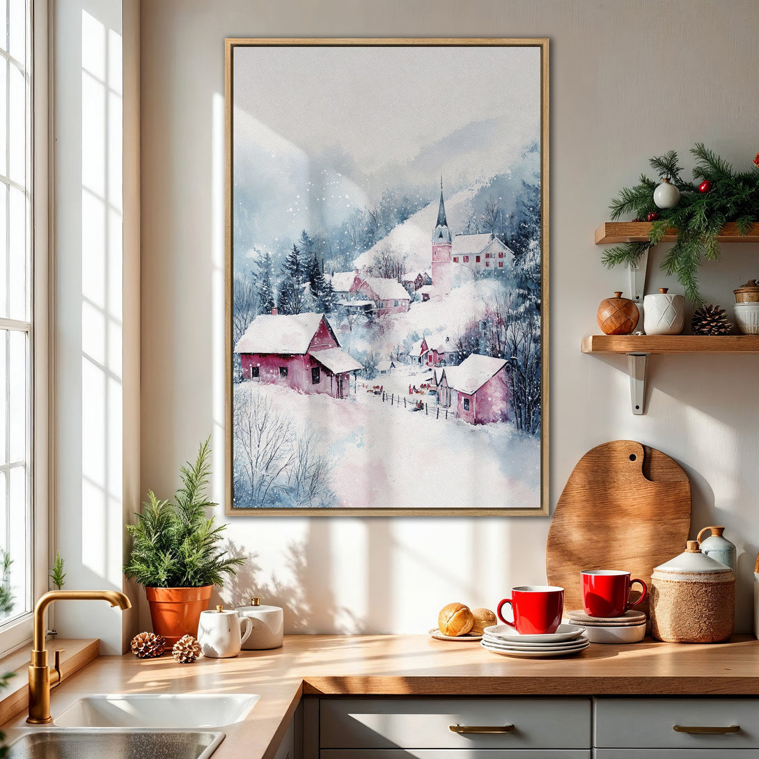 Framed Wall Art featuring a watercolor winter village scene in blue, pink, and red hues. Perfect for adding cozy, artistic charm to your home.