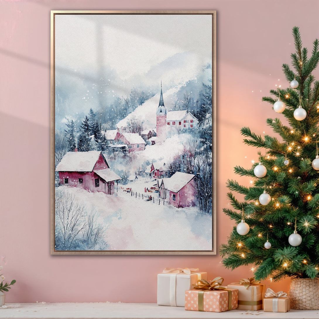 Framed Wall Art: Watercolor winter village scene in soft blue, pink, and white. Perfect holiday decor! Add cozy charm to your home with this beautiful artwork.
