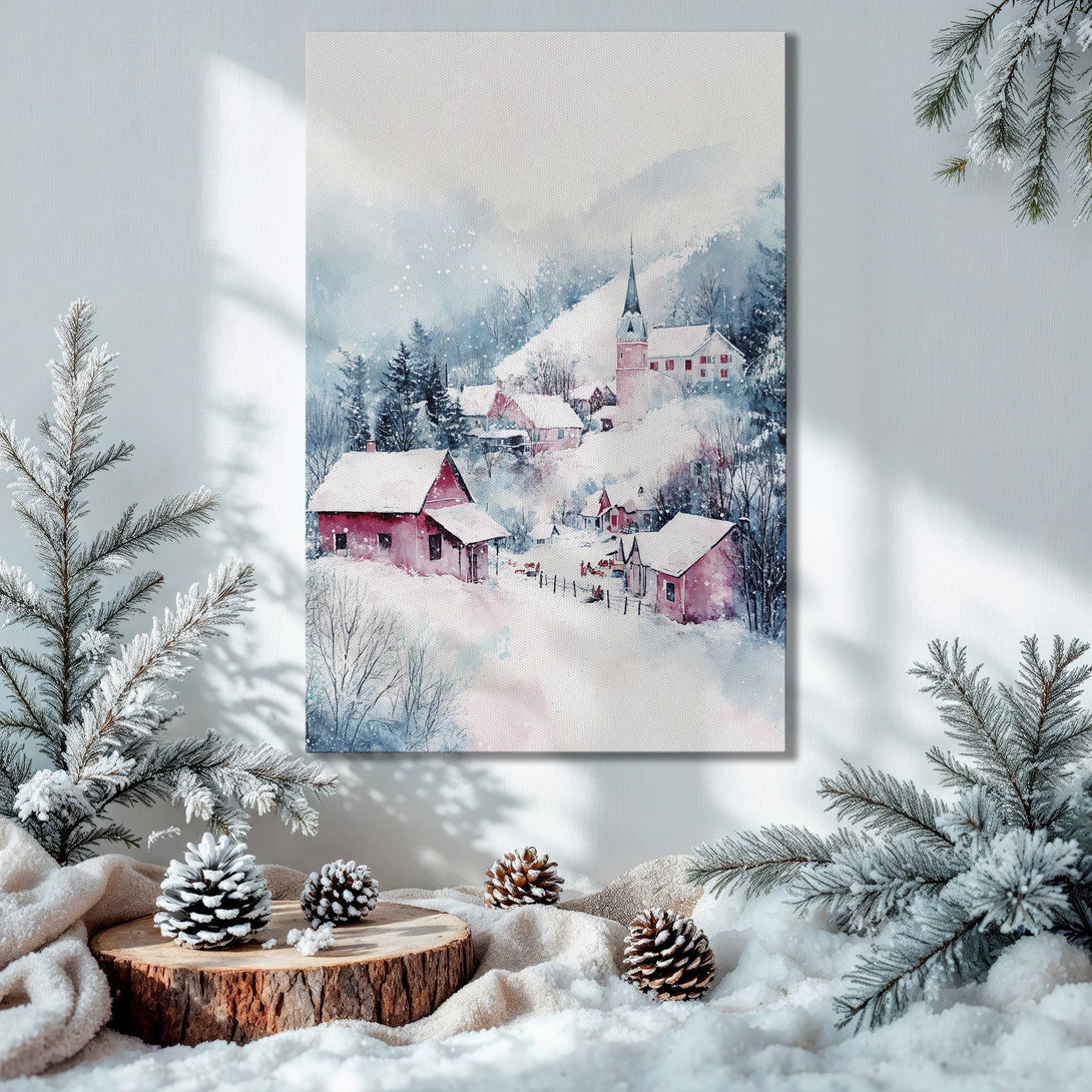 Framed Wall Art: Watercolor winter village scene in blues & reds, displayed in festive holiday interior with Christmas tree. Perfect for cozy decor.