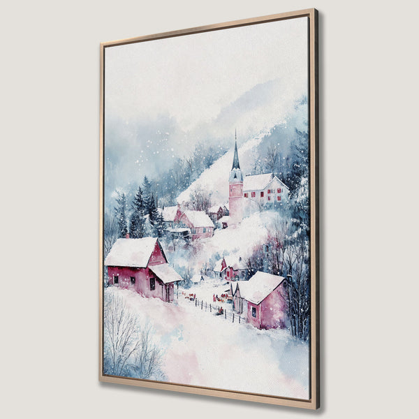 Framed Wall Art: Watercolor winter village scene in blue, red, and white. Perfect for cozy decor! Bring the beauty of the season into your home with this Canvas Print.