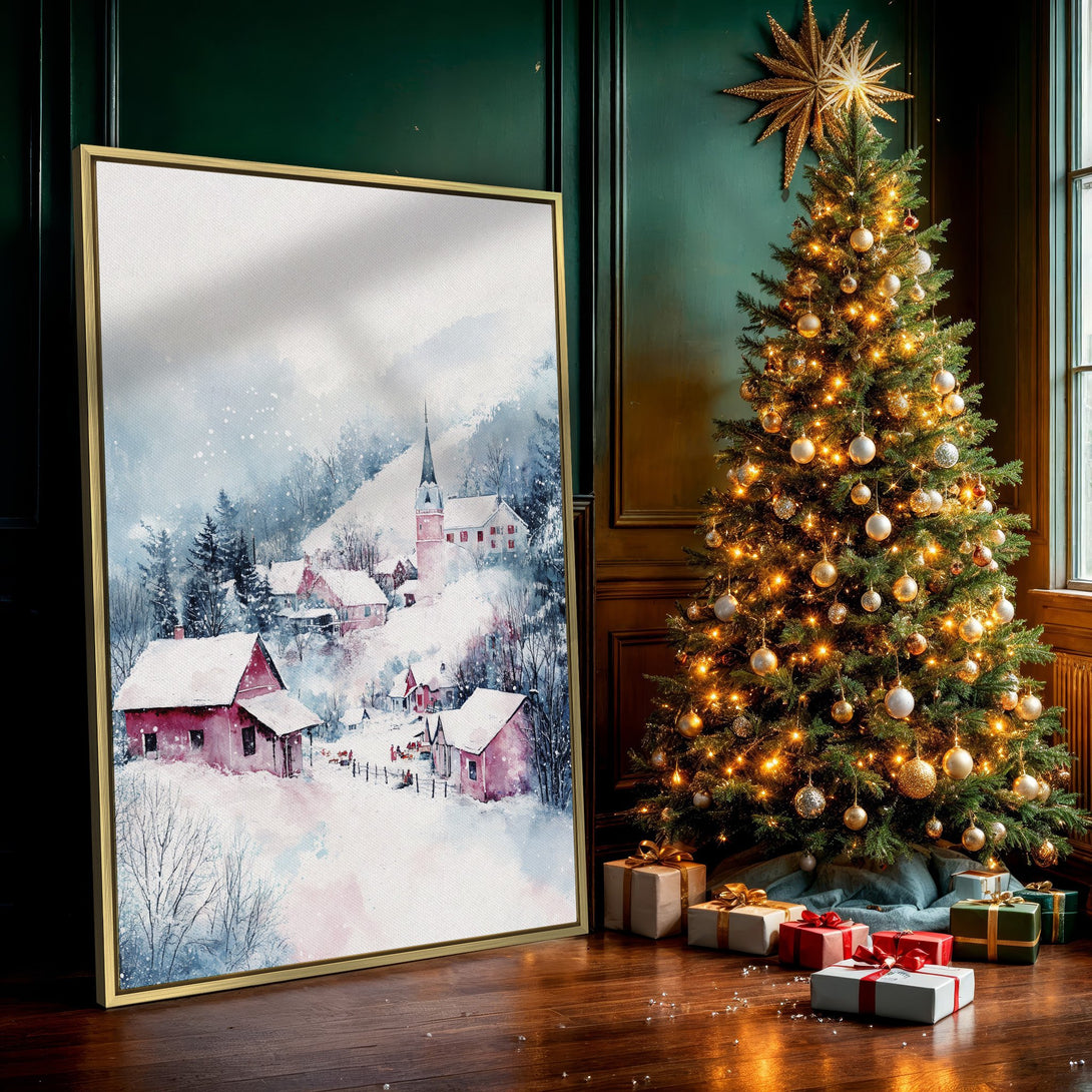 Canvas Print of a winter village watercolor painting. Soft blue, pink, and white color palette. Perfect holiday wall art for your home.