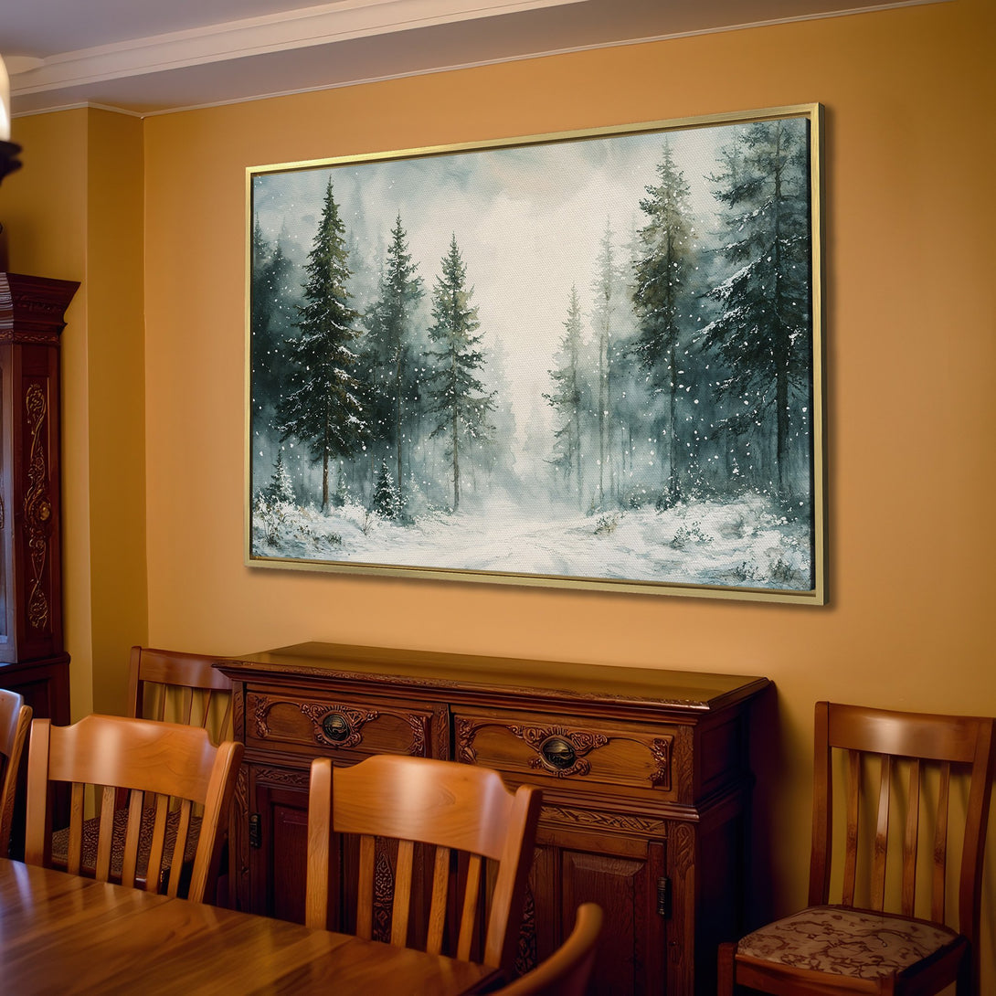 Canvas Print of a winter forest scene in muted blues and greens, perfect for adding a touch of nature to your home decor.