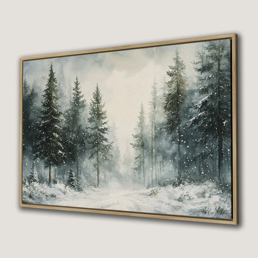 Canvas Print of a snowy forest scene in watercolor style, featuring a muted blue and green color palette. Perfect for winter decor.