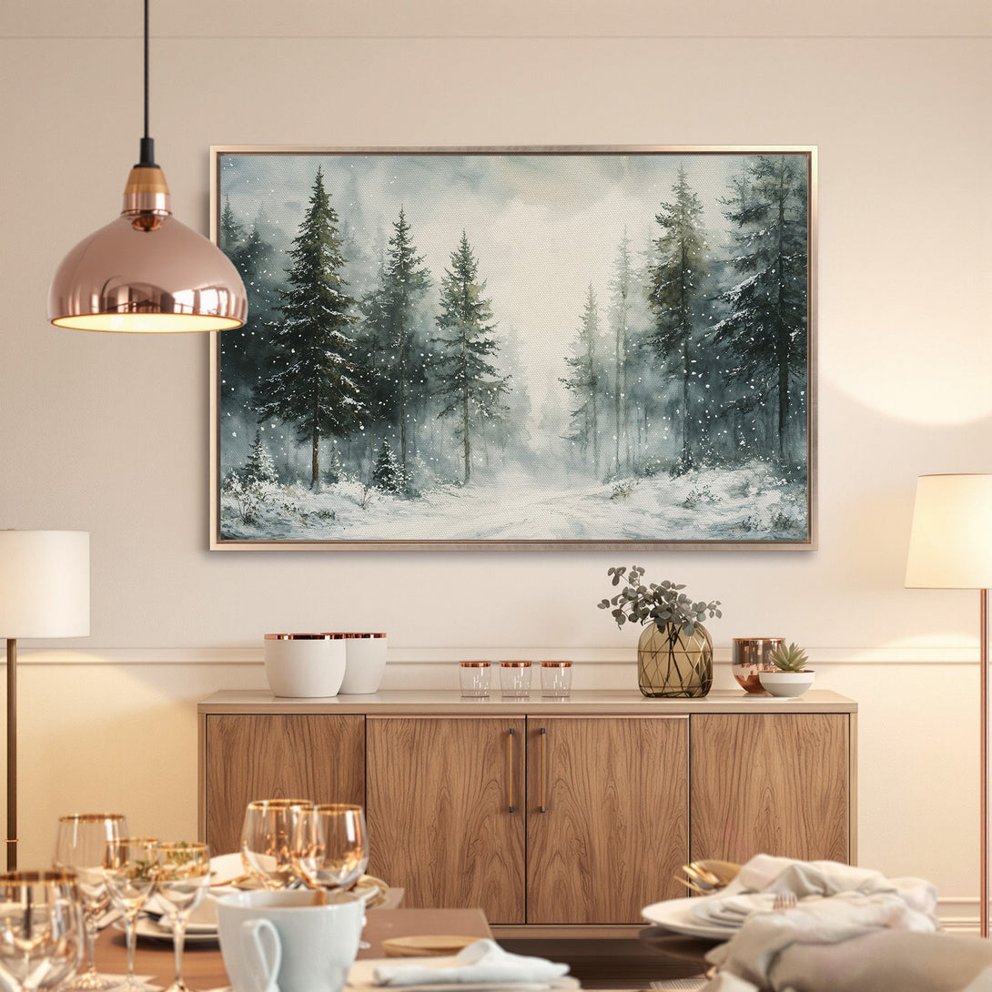 Framed Wall Art: Winter forest scene in watercolor style. Serene snowy landscape with cool blues, greens, and whites. Perfect for your home decor.