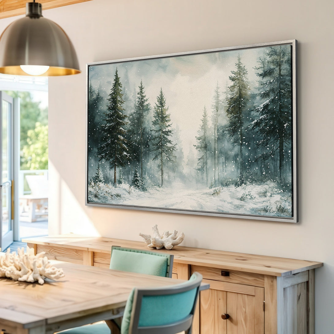 Framed Wall Art: Watercolor winter forest scene in cool blue and gray tones. Bring nature's beauty indoors with this stunning canvas print.