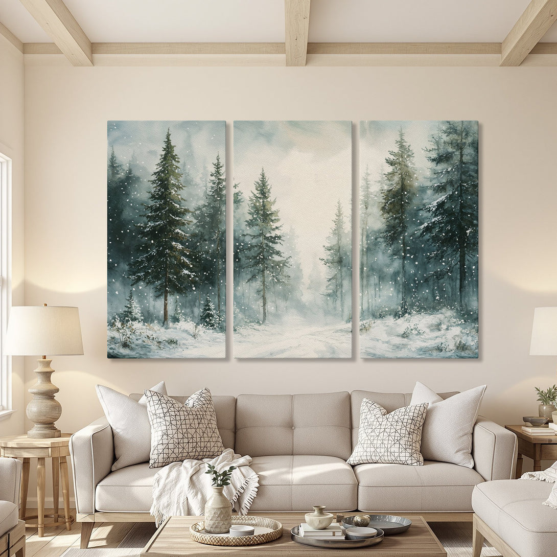 Canvas Print of a winter forest scene in a watercolor style, featuring a serene blue and green color palette. Perfect for any home!