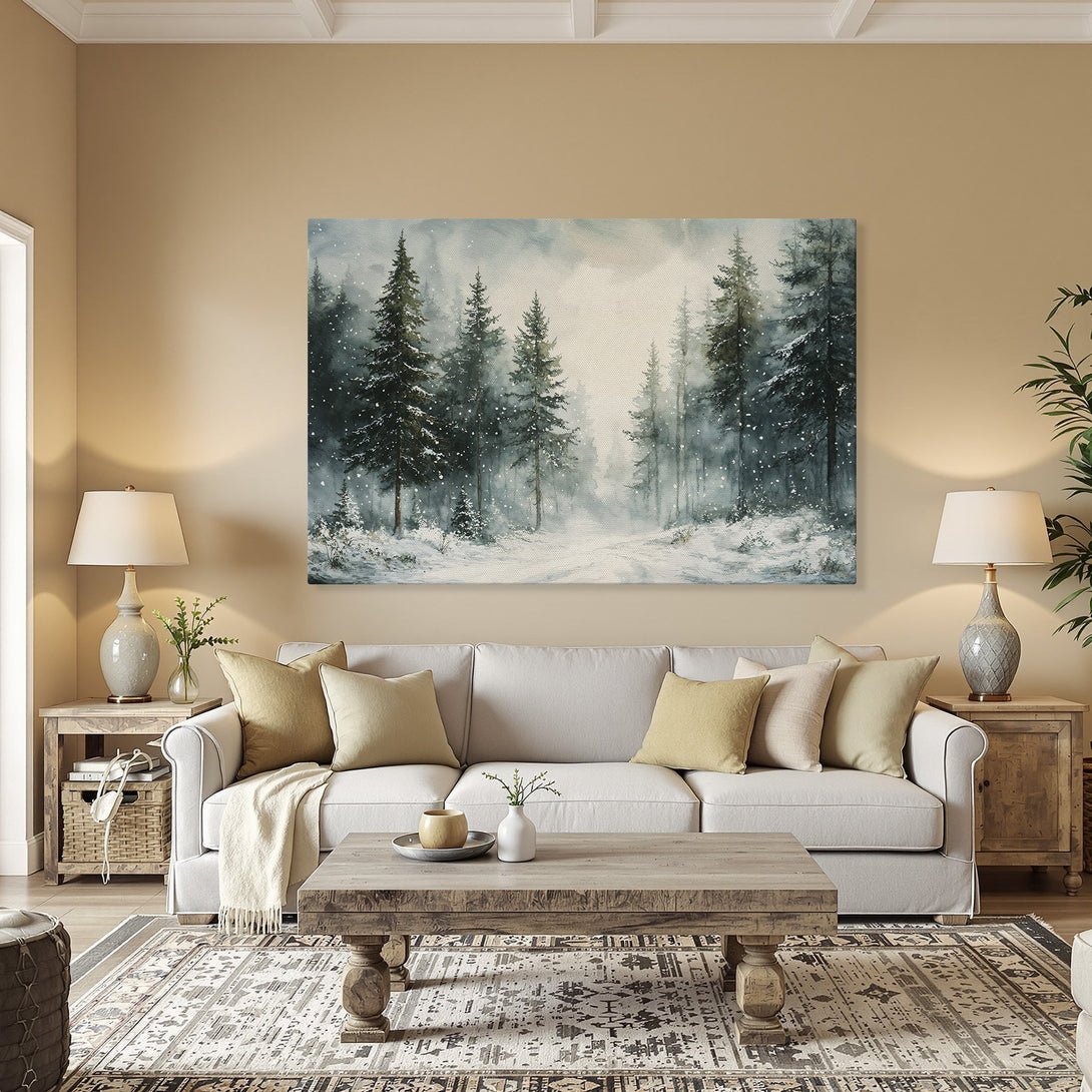 Framed Wall Art: Watercolor winter forest scene in cool blues & greens. Serene landscape Canvas Print adds a touch of nature to any room. Shop now!
