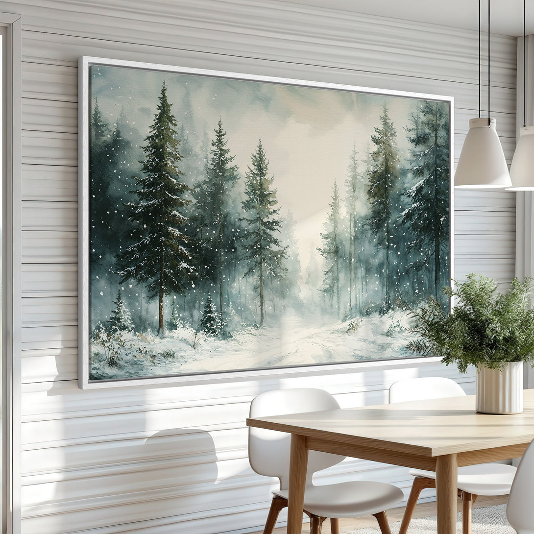 Framed Wall Art: Watercolor forest scene in cool blues and greens. Bring the serene beauty of nature into your home with this stunning canvas print.