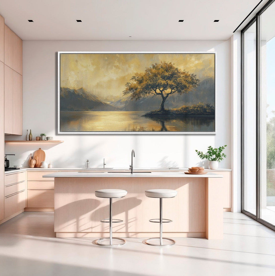 Framed Wall Art: Landscape Canvas Print with a golden tree, serene lake scene, displayed in a modern kitchen. Warm, neutral color palette for a calming aesthetic.