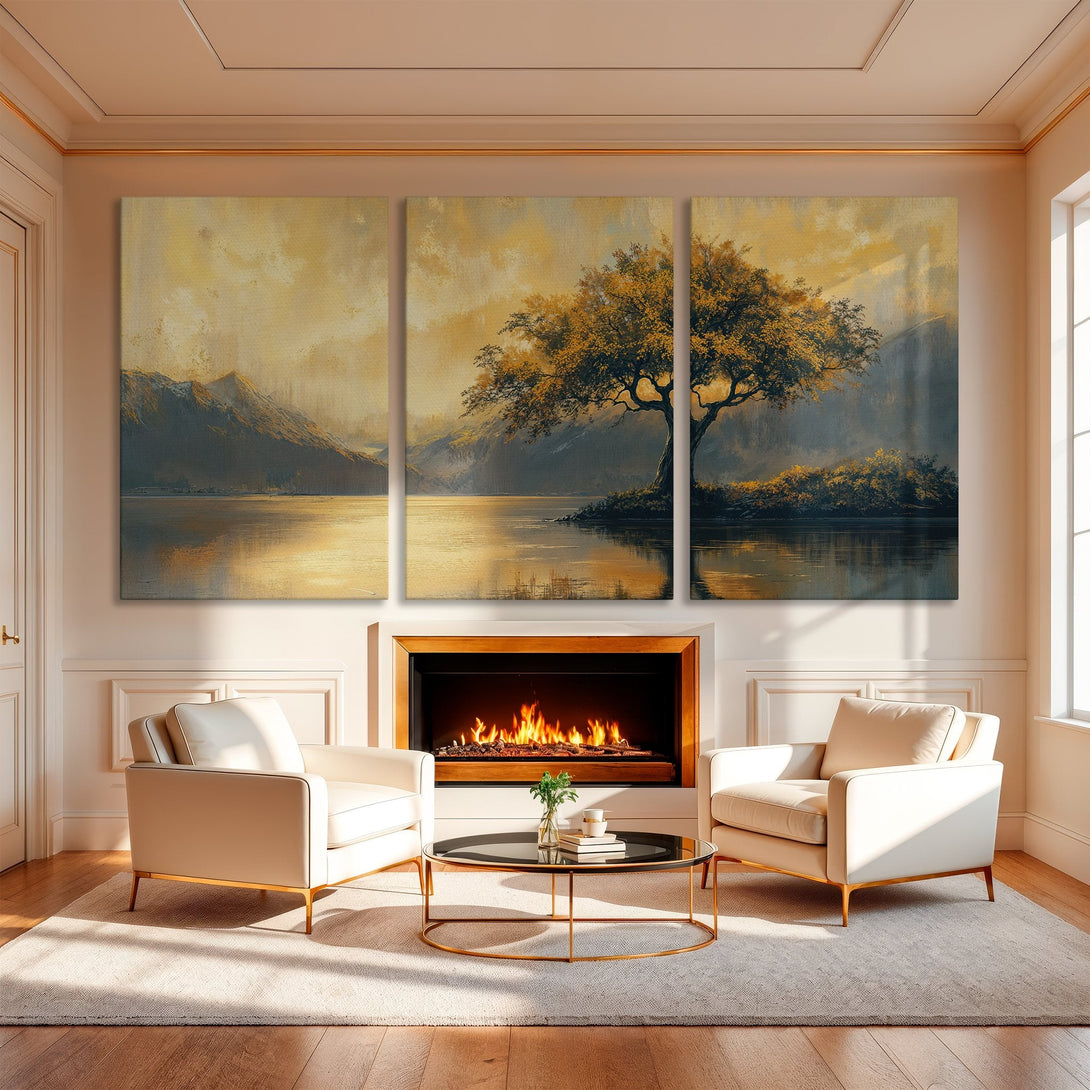 Canvas Print triptych featuring a serene landscape with a golden color palette, perfect for adding warmth and style to any room.