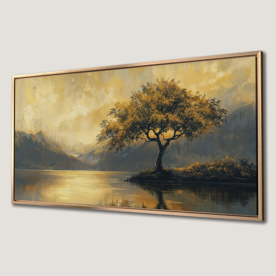 Framed Wall Art: Serene landscape Canvas Print featuring a golden tree by a lake. Warm, earthy tones create a tranquil, inviting atmosphere.