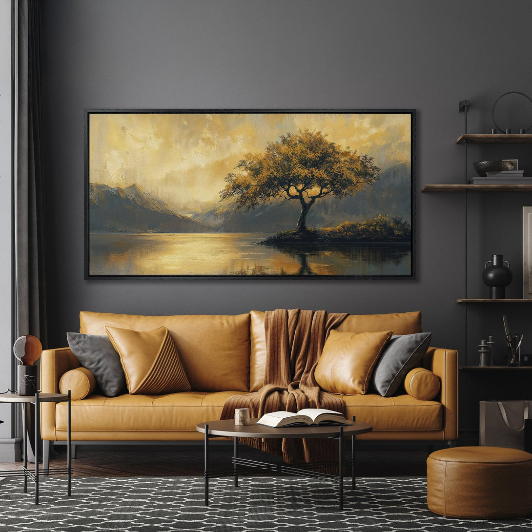 Framed Wall Art: Landscape Canvas Print with a golden tree and lake. Warm, earthy tones create a cozy and inviting living room. Perfect for home decor!