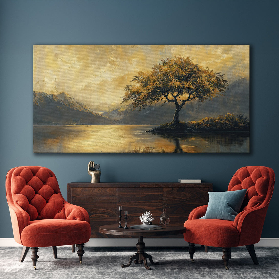 Framed Wall Art: Landscape canvas print featuring a golden tree on a lake, with a warm, neutral color palette. Perfect for adding a touch of elegance to any space.
