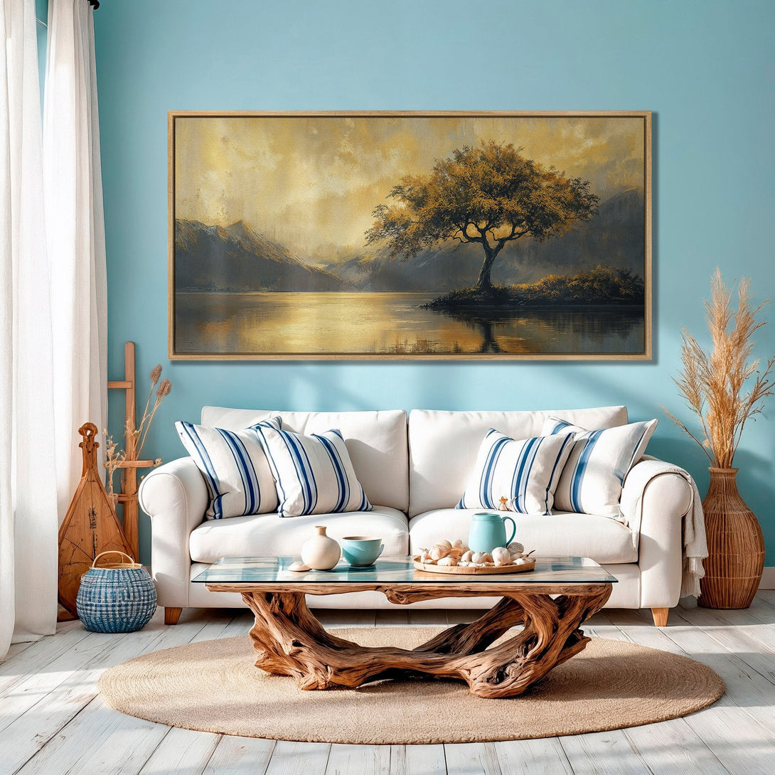 Framed Wall Art: Landscape Canvas Print in warm gold and gray tones. Serene tree and lake scene, perfect for living room decor.
