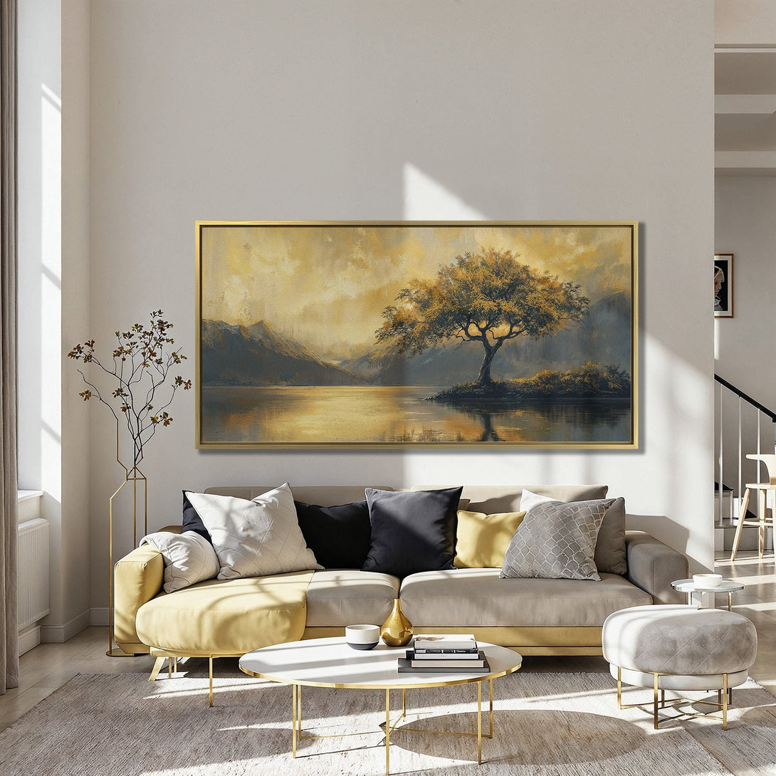 Canvas Print of a serene landscape painting with a golden tree and lake. Featuring warm gold and earthy tones, perfect for home decor.