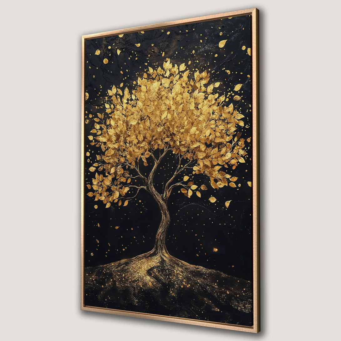 Framed Wall Art: Elegant gold tree art print on a black background. Modern abstract style with a luxurious gold and black color palette. Perfect for home decor.