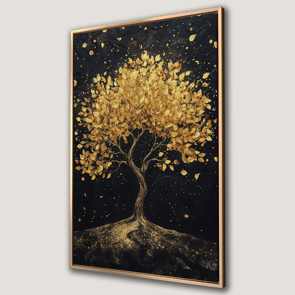 Framed Wall Art: Elegant gold tree art print on a black background. Modern abstract style with a luxurious gold and black color palette. Perfect for home decor.