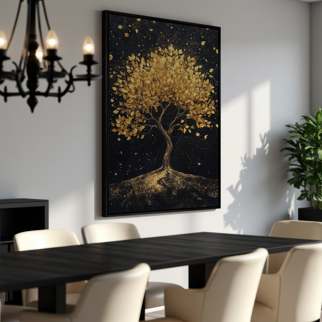 Framed Wall Art: Elegant gold tree art print on black background. Modern canvas art adds luxury to any interior. Black, gold, and white color palette.