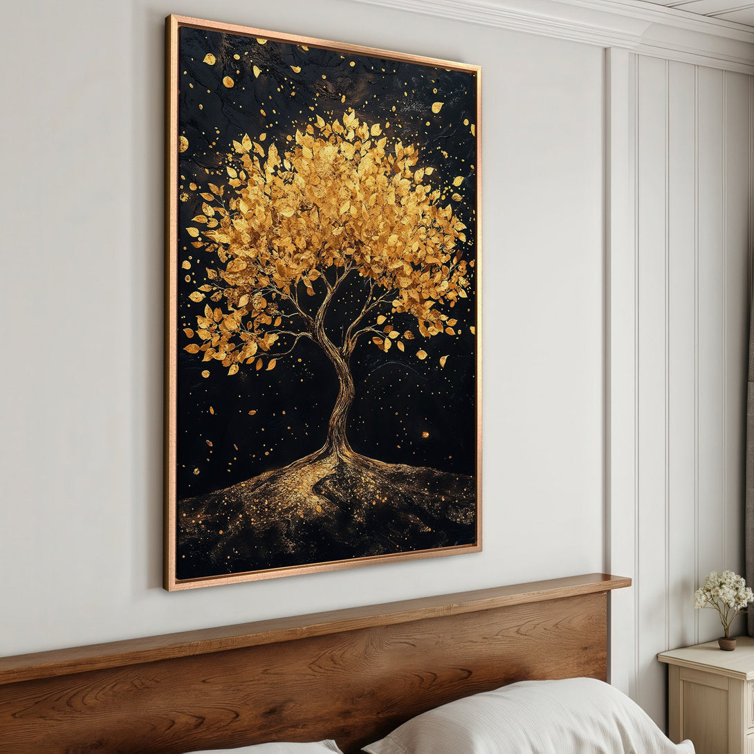 Framed Wall Art: Stunning gold tree art print on black background. Modern abstract style, perfect for bedroom decor. Add a touch of elegance with this canvas print.
