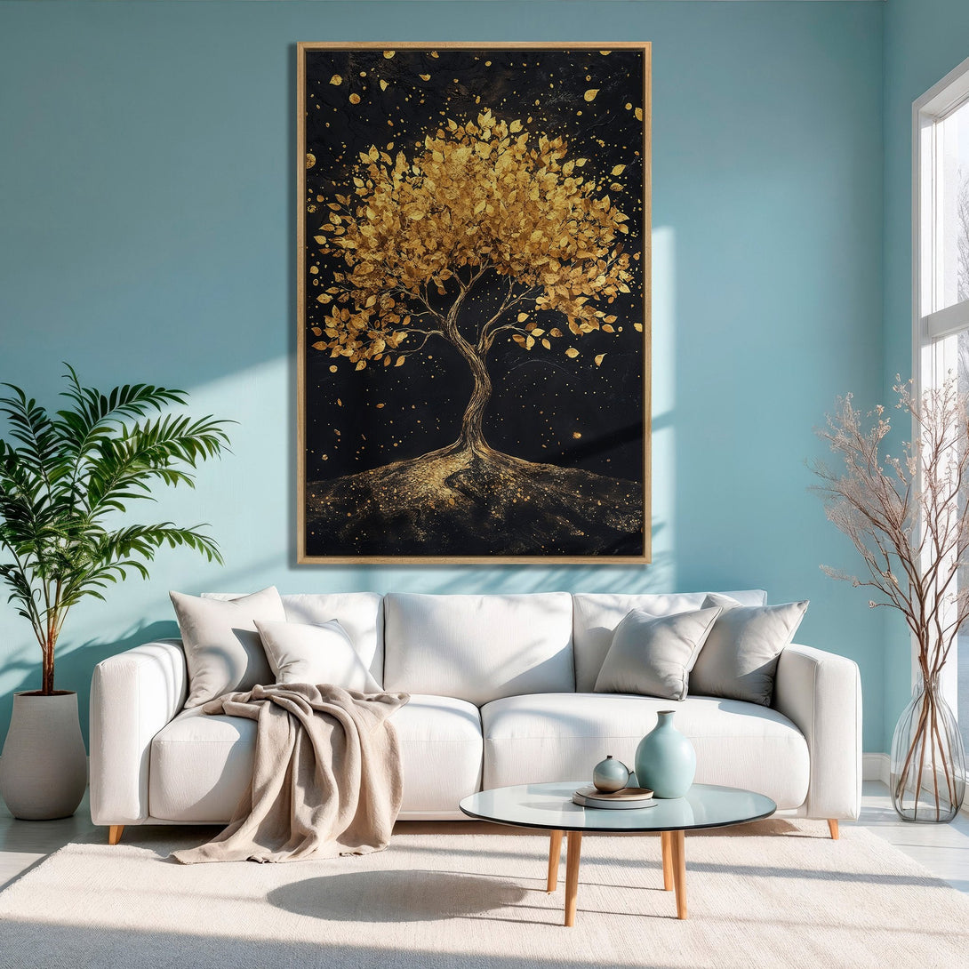 Framed Wall Art: Stunning gold tree art print on black background. Modern, elegant decor with a touch of luxury. Perfect for living rooms.