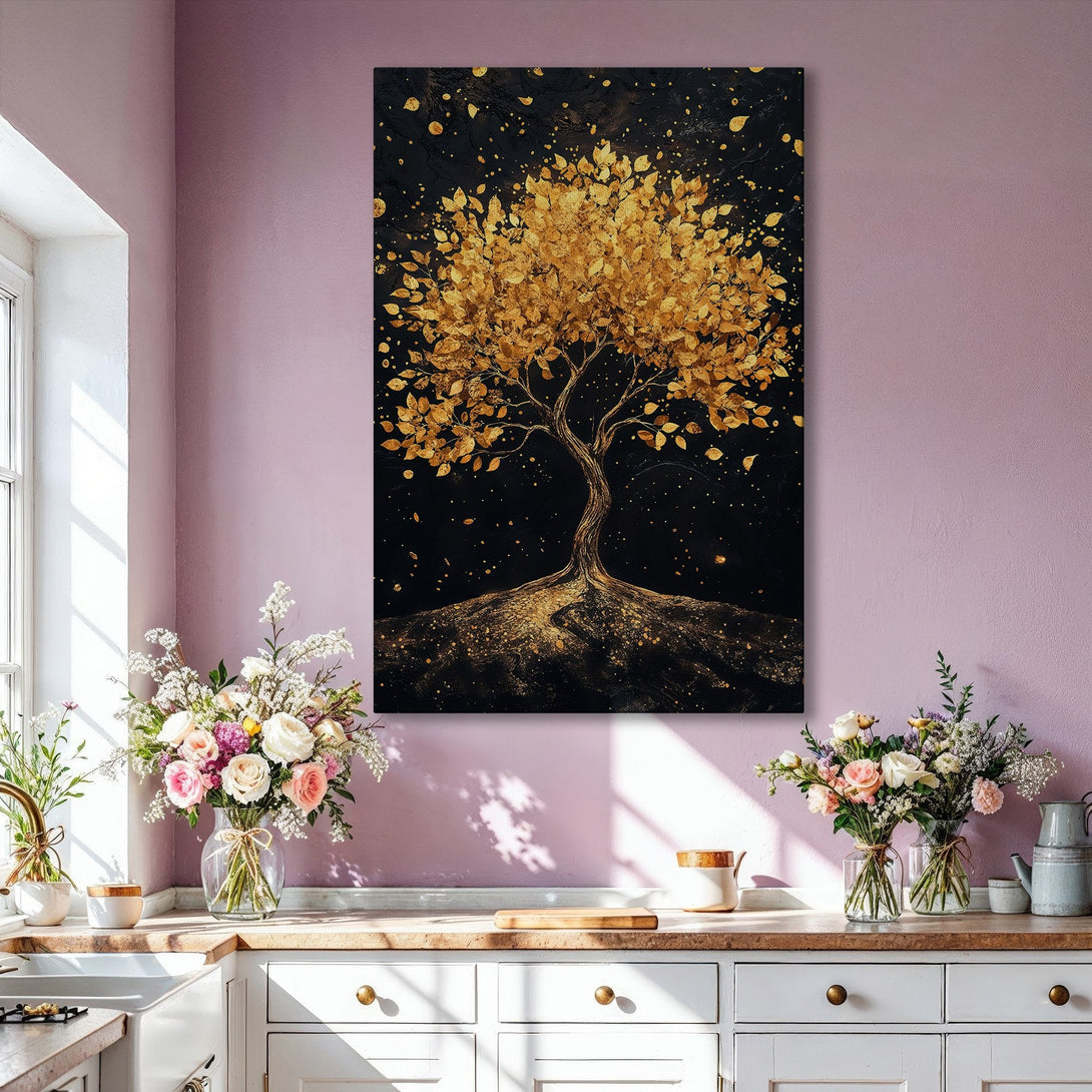 Framed Wall Art: Golden tree art print in a modern living room. Black and gold abstract art with a luxurious feel. Perfect wall decor.