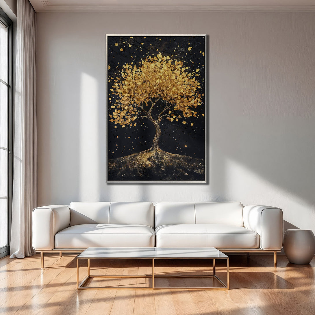 Framed Wall Art: Golden tree art print with black background, adding a touch of luxury to any space. Modern, elegant decor with gold accents.