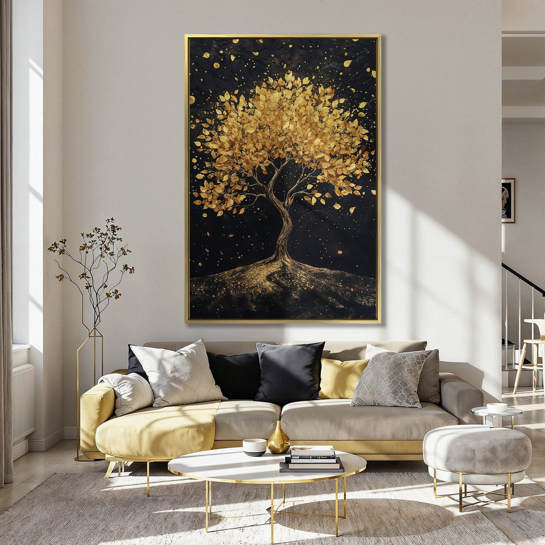 Canvas Print of a golden tree on black background, modern art. Adds elegance to any space. Gold and black color palette.